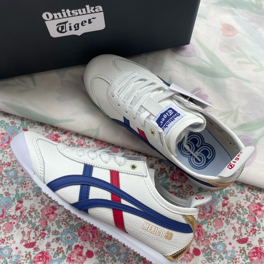 Onitsuka Tiger White Sneakers with Blue & Red Accents and Gold Heel